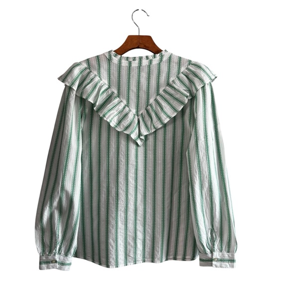 LOFT Green & White Striped Ruffle Blouse Size Xl - Picture 6 of 10